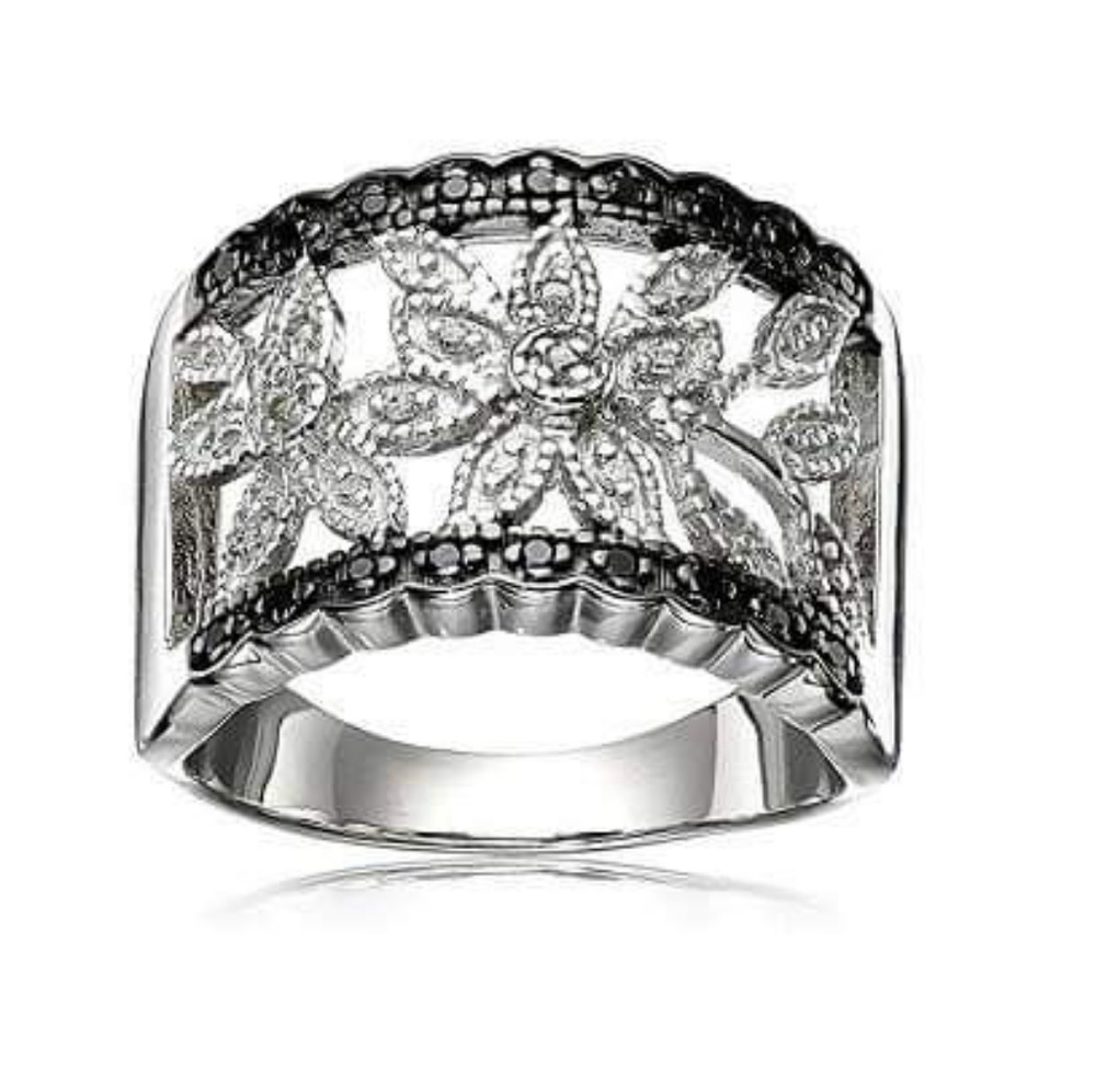 Sterling Silver Black Diamond Floral Ring Size 7